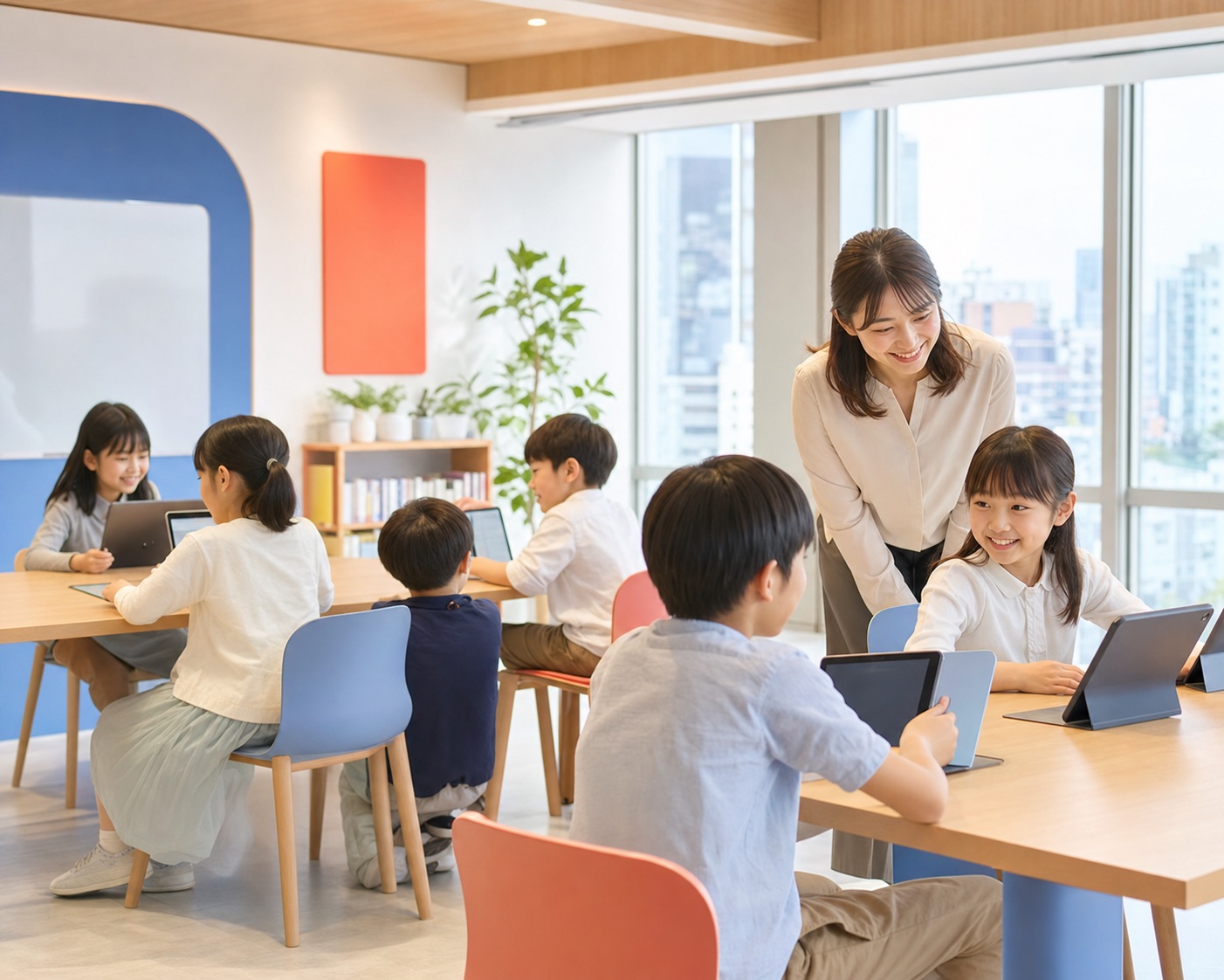 小学生がAI学習に取り組む明るい教室