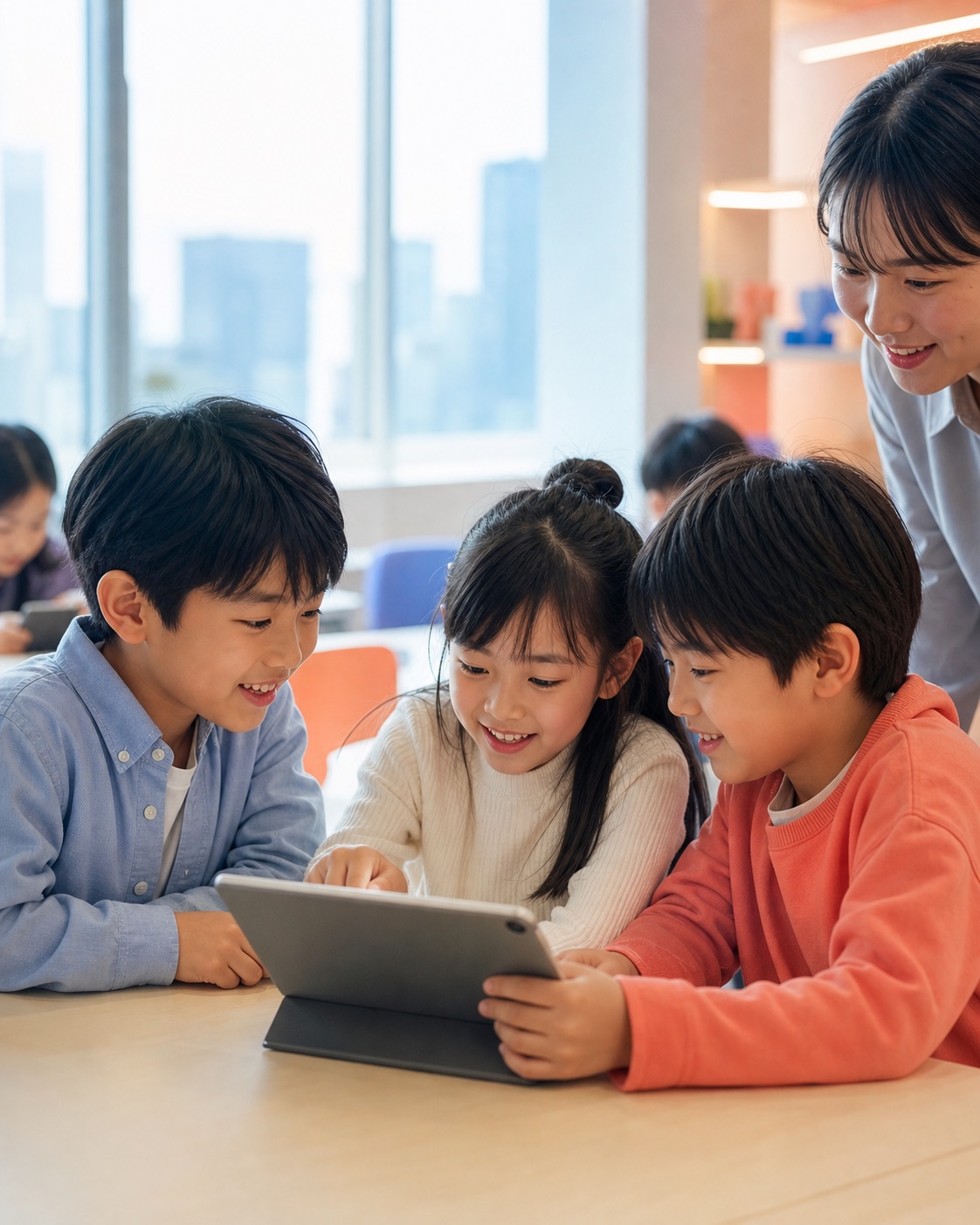 タブレットを囲んでAI学習に取り組む小学生たち